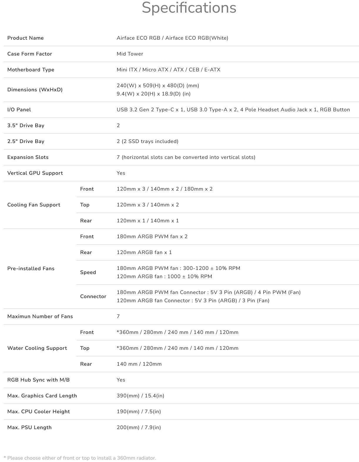 COUGAR PC skříň AIRFACE ECO RGB White Mid Tower Airflow 2 x 180mm ARGB PWM Fans 1x 120mm ARGB Fan