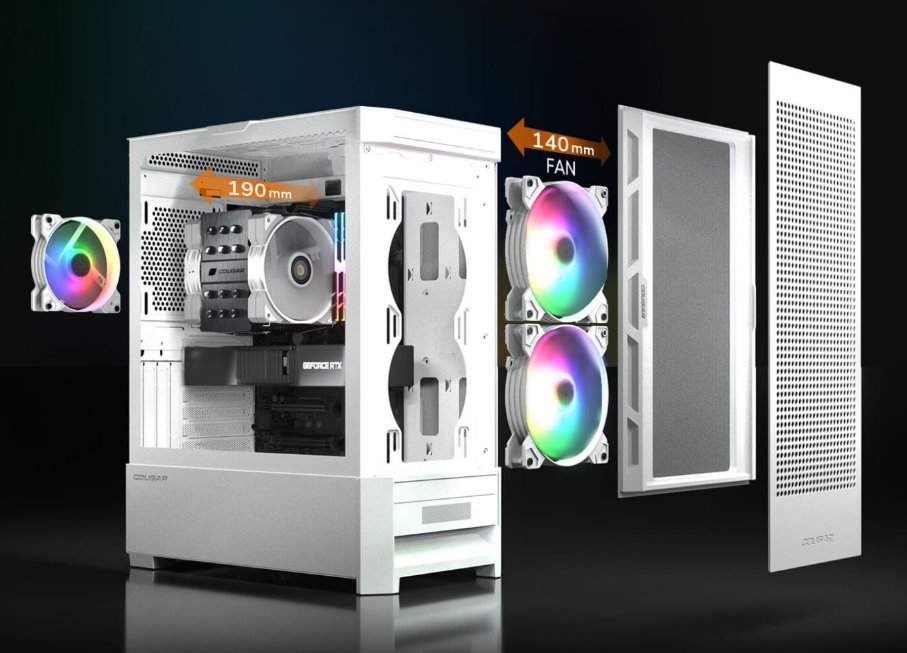 COUGAR PC skříň AIRFACE RGB White Mid Tower Mesh Front Panel 2 x 140mm ARGB Fans 1x 120mm ARGB Fan TG Left Panel