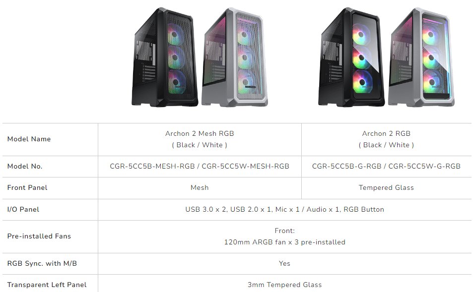 COUGAR PC skříň ARCHON 2 Mesh RGB Black Mid Tower Mesh Front Panel 3 x ARGB Fans 3mm TG Left Panel