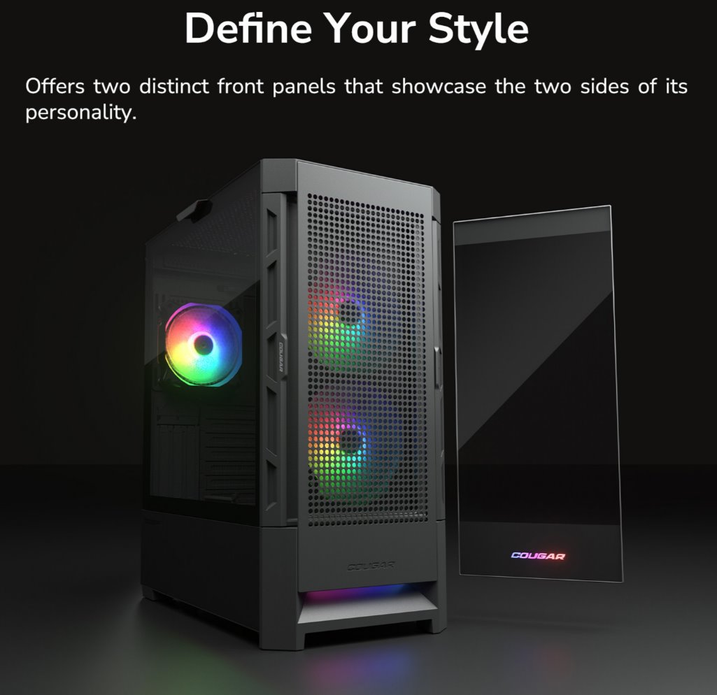 COUGAR PC skříň DUOFACE Black Mid Tower Airflow Front Panel TG Left Panel 2 x ARGB 140mm & 1x 120mm Fans