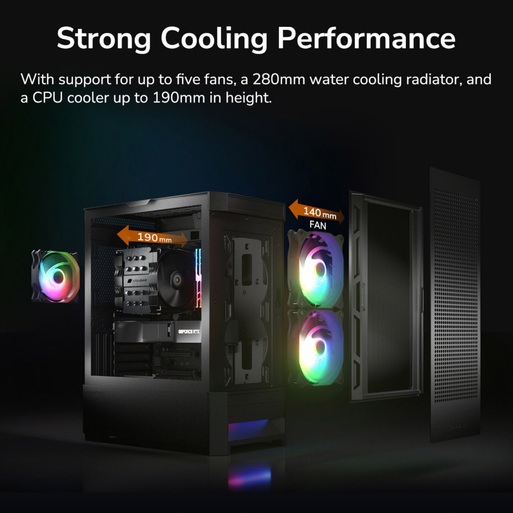 COUGAR PC skříň DUOFACE Black Mid Tower Airflow Front Panel TG Left Panel 2 x ARGB 140mm & 1x 120mm Fans
