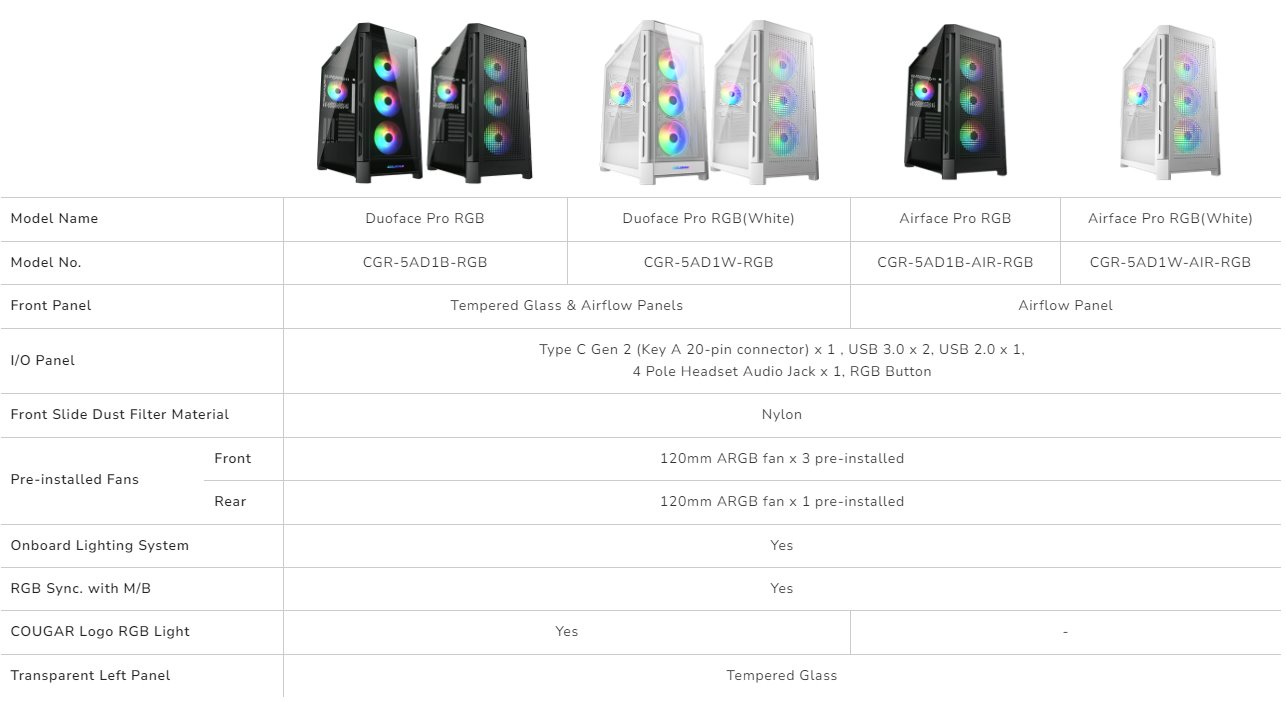 COUGAR PC skříň DUOFACE Pro RGB Black Mid Tower TG & Airflow Front Panel 4 x ARGB Fans TG Left Panel