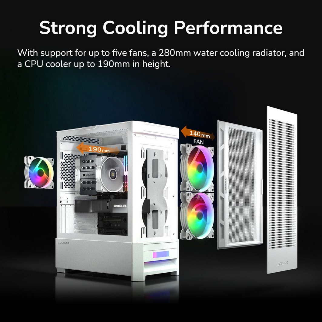 COUGAR PC skříň DUOFACE White Mid Tower Airflow Front Panel TG Left Panel 2 x ARGB 140mm & 1x 120mm Fans