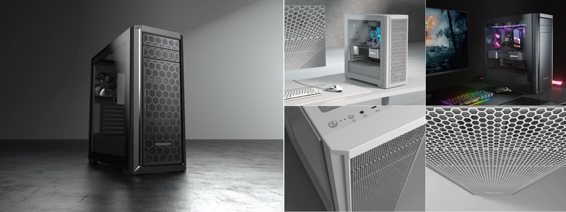 COUGAR PC skříň MX330-G Pro White Mid Tower Mesh Front Panel 1 x 120mm Fan TG Left Panel