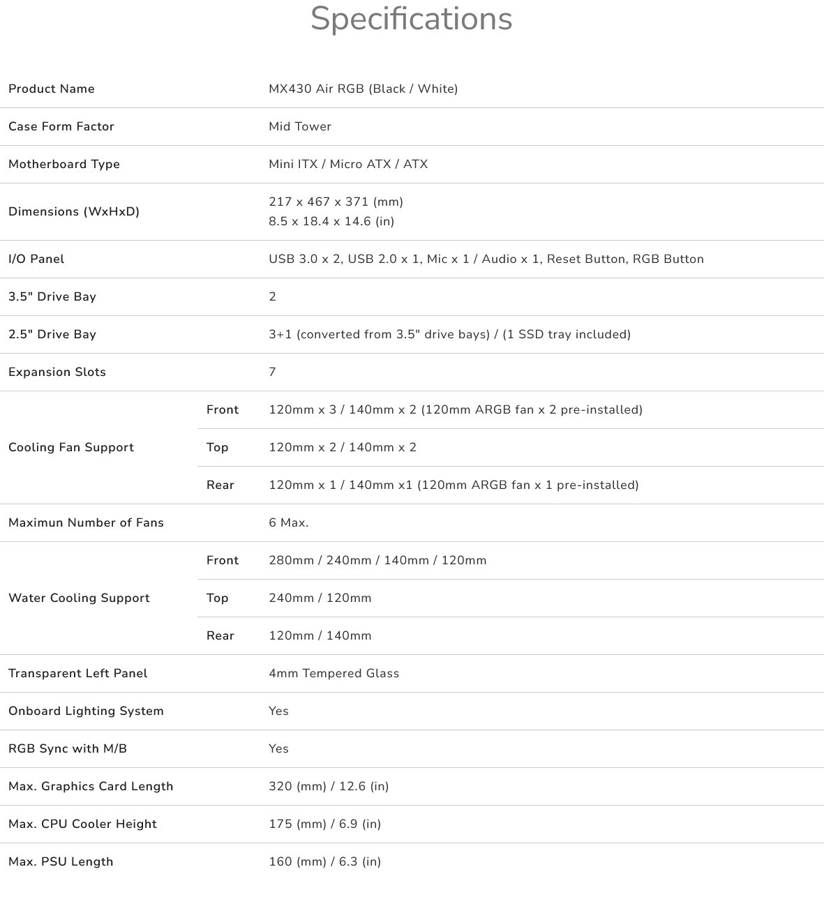 COUGAR PC skříň MX430 Air RGB White Mid Tower Air Vents Front Panel with ARGB strips 3 x ARGB Fans 4mm TG Left Panel