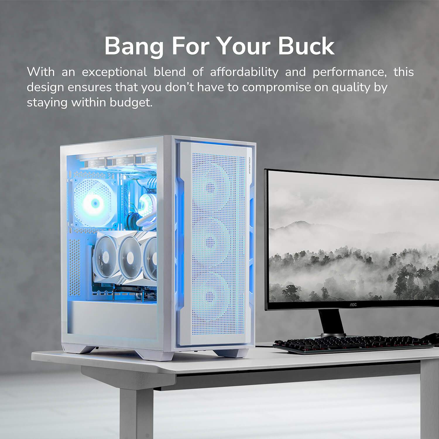 COUGAR PC skříň UNIFACE RGB White Mid Tower Mesh Front Panel 4 x 120mm ARGB Fans TG Left Panel