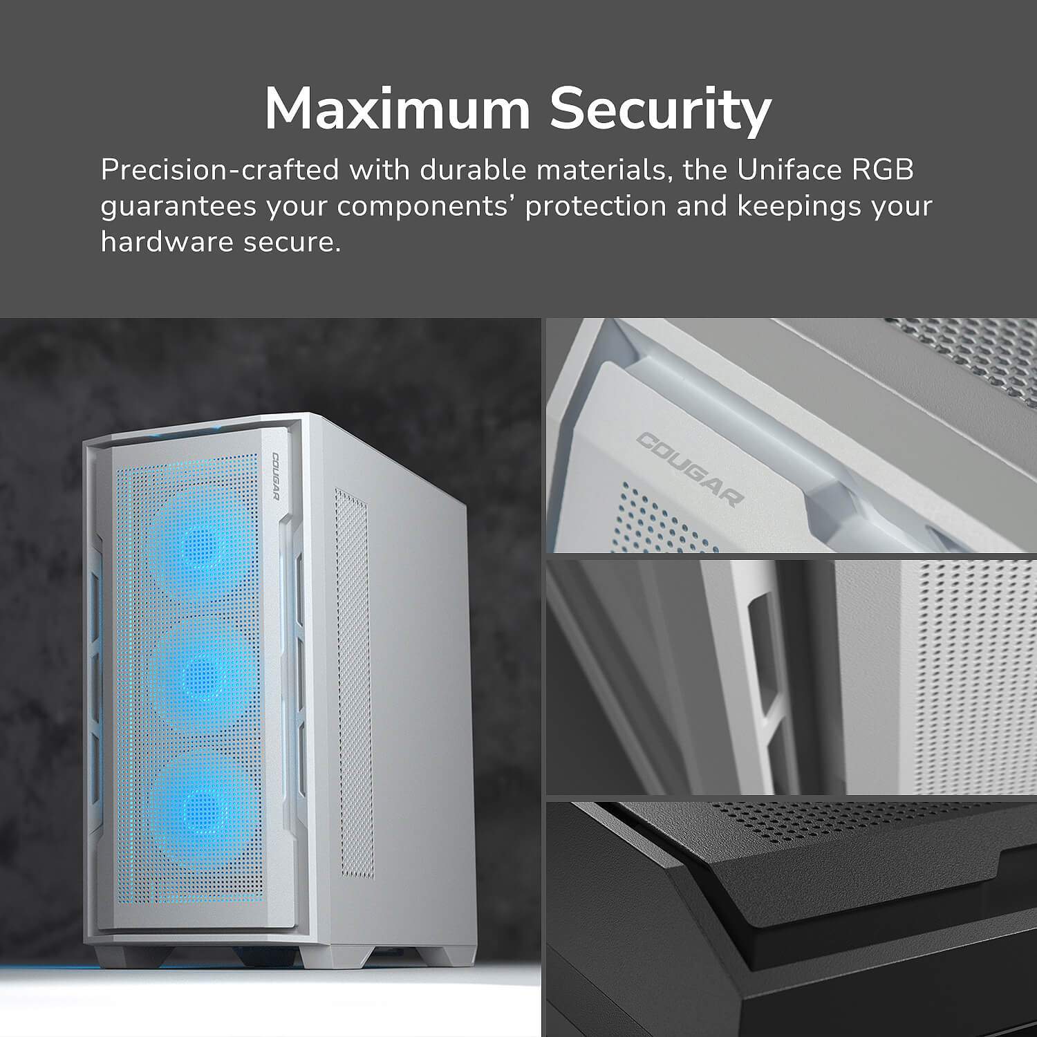 COUGAR PC skříň UNIFACE RGB White Mid Tower Mesh Front Panel 4 x 120mm ARGB Fans TG Left Panel