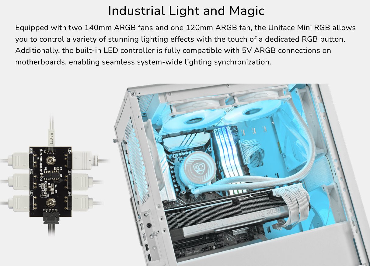 COUGAR PC skříň UNIFACE RGB White Mini Tower Mesh Front Panel 2x 140mm RGB Fan + 1x 120mm RGB Fan TG Left Panel