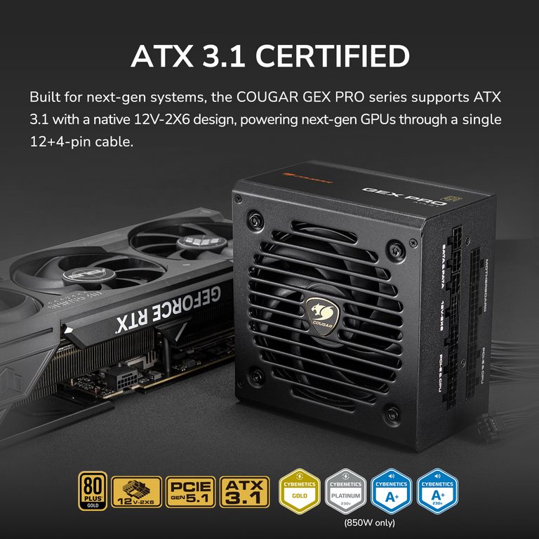 COUGAR PC zdroj GEX PRO 650W 80+ Gold, Fully, ATX3.1, PCIE5.1, GeForce RTX 50 series ready