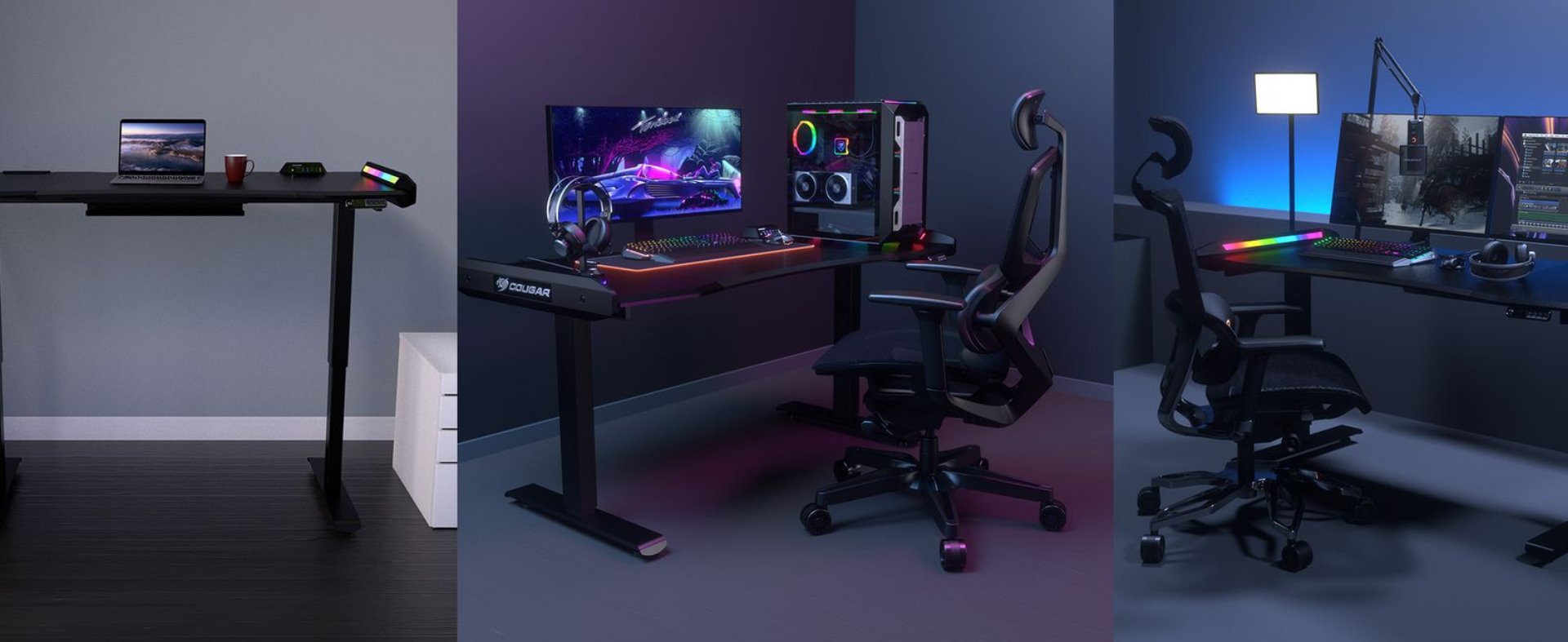 COUGAR stůl E-MARS RGB electric 1531 x 770 x 745-1195mm 2xUSB 3.0 & USB-C & 2x3,5 jack