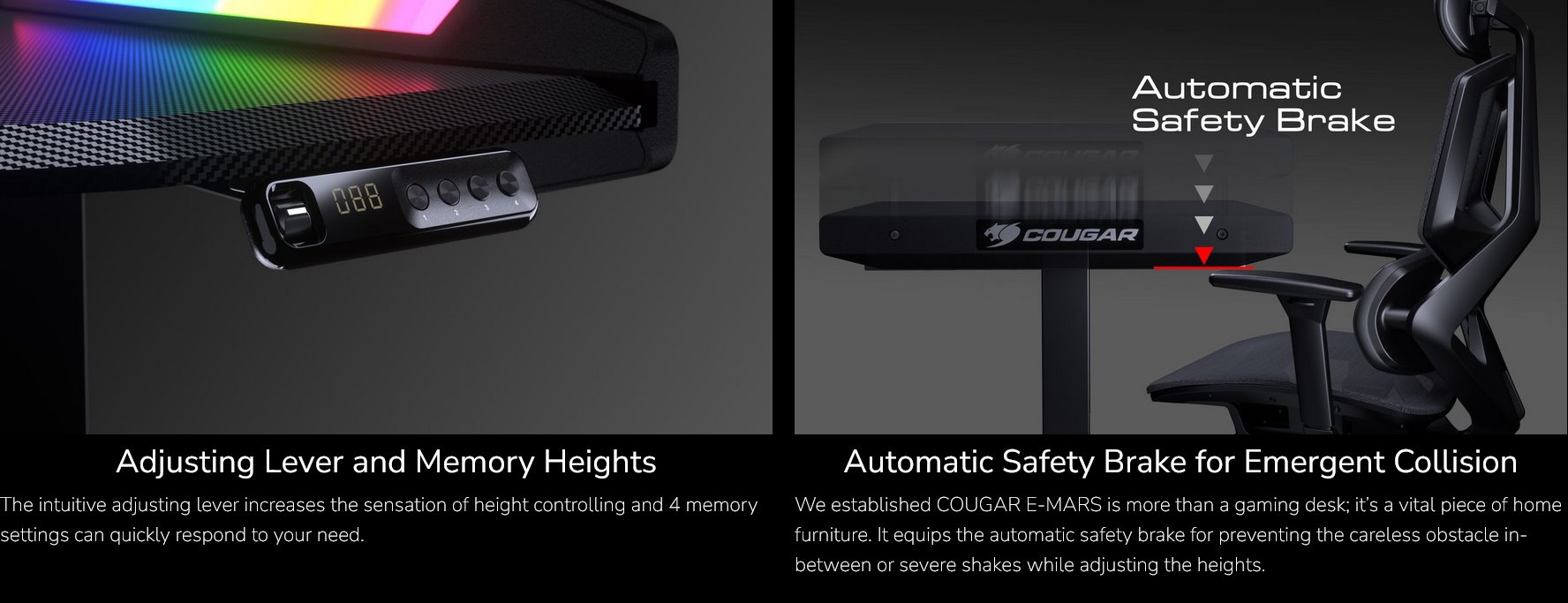 COUGAR stůl E-MARS RGB electric 1531 x 770 x 745-1195mm 2xUSB 3.0 & USB-C & 2x3,5 jack