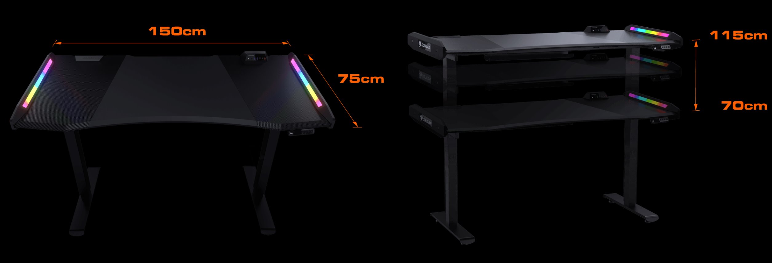 COUGAR stůl E-MARS RGB electric 1531 x 770 x 745-1195mm 2xUSB 3.0 & USB-C & 2x3,5 jack