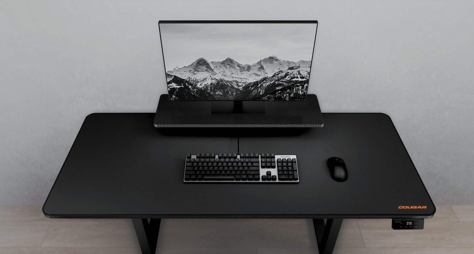 COUGAR stůl E-STAR 120 electric 1200 x 600 x 15, 720-1170mm, carbon design, monitor stand, pad, paměť nastavení 2 módy