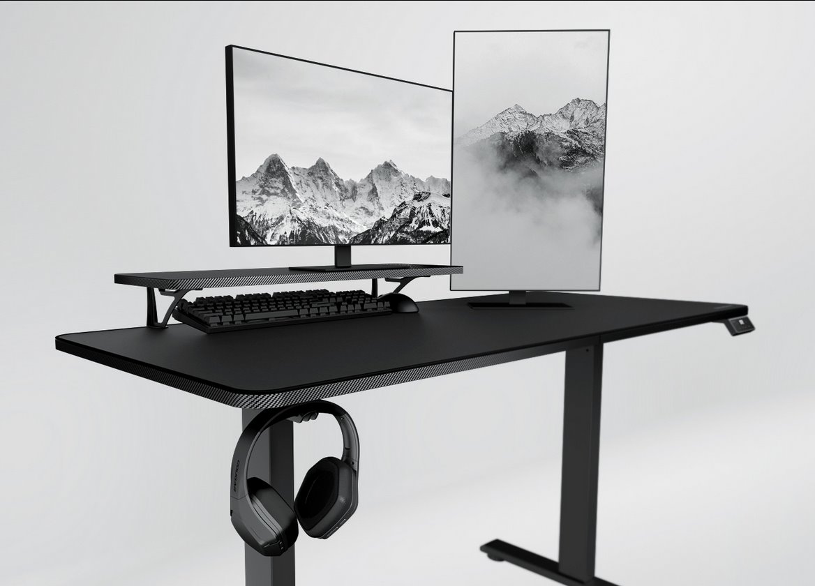 COUGAR stůl E-STAR 140 electric 1400 x 600 x 15, 720-1170mm, carbon design, monitor stand, pad, paměť nastavení 2 módy