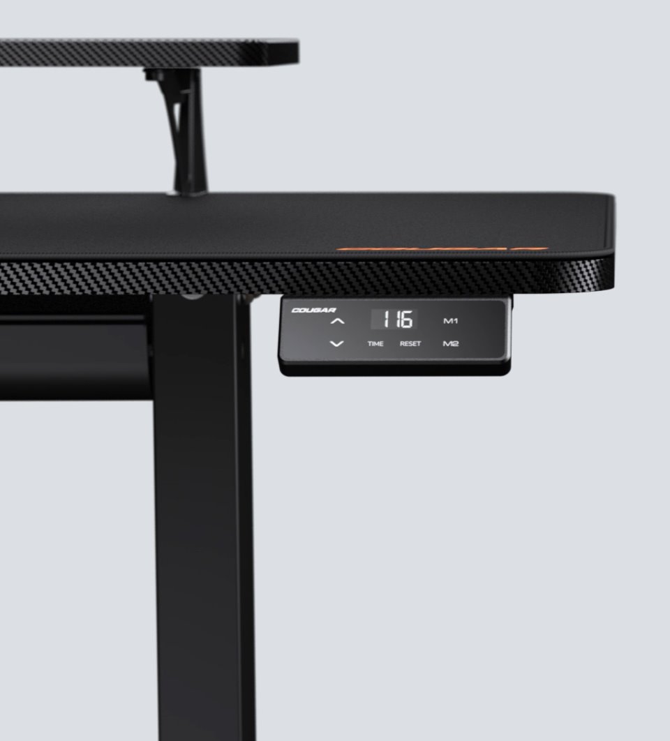 COUGAR stůl E-STAR 140 electric 1400 x 600 x 15, 720-1170mm, carbon design, monitor stand, pad, paměť nastavení 2 módy