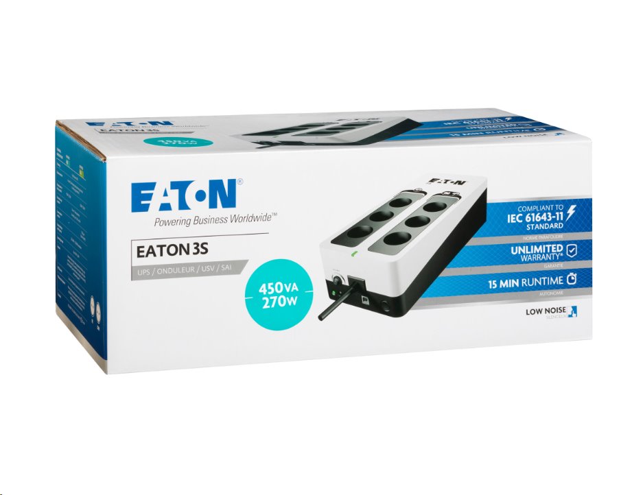 EATON UPS 3S 450 D, Off-line, Tower, 450VA/270W, výstup 6x DIN (Schuko), bez ventilátoru