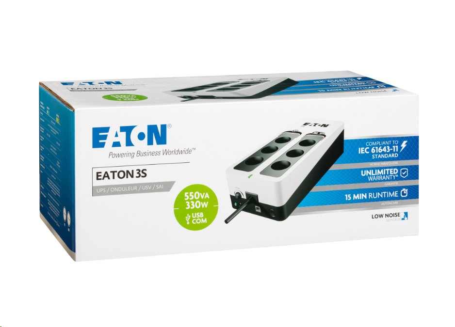 EATON UPS 3S 550 D, Off-line, Tower, 550VA/330W, výstup 6x DIN (Schuko), bez ventilátoru