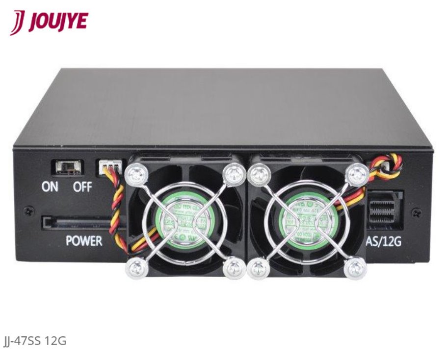 Jou Jye Backplane SATA3/SAS3 4x 2,5"HDD do 5,25" RoHS, 2x fan, 1x minisasHD (SFF-8643), SATA power