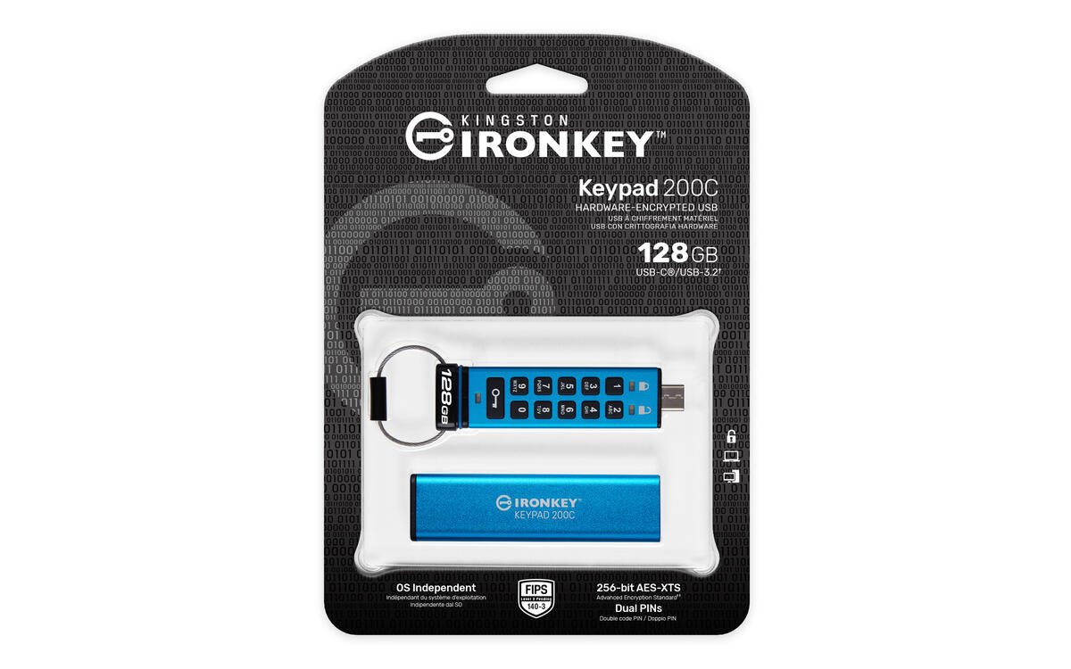 Kingston flash disk 128GB USB-C IronKey Keypad 200C, FIPS 140-3 Lvl 3 (Pending) AES-256