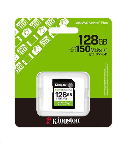 Kingston paměťová karta 128GB Canvas Select Plus Gen 3 SDXC 150R U1 UHS-I C10 V10