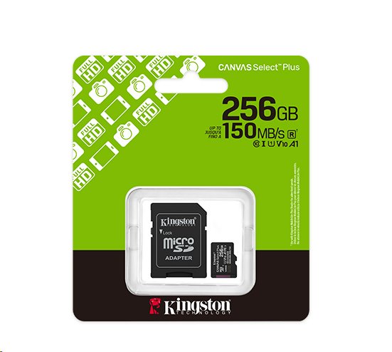 Kingston paměťová karta 256GB Canvas Select Plus Gen 3 microSDXC 150R A1 C10 Card + ADP