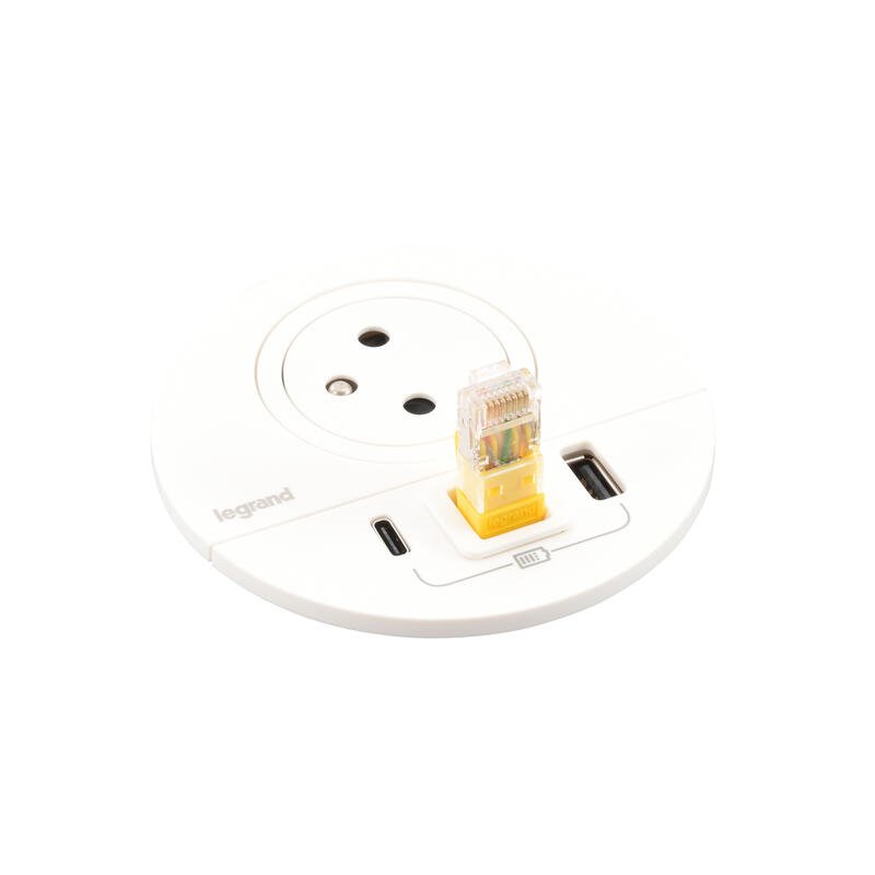 Legrand - Incara™ Disq 80 - Zapuštěná zásuvka 2P+T/USB A+C, kabel. vývod, bílá, 2m