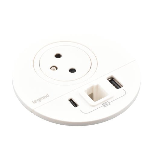 Legrand - Incara™ Disq 80 - Zapuštěná zásuvka 2P+T/USB A+C, kabel. vývod, bílá, 2m