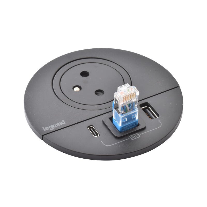 Legrand - Incara™ Disq 80 - Zapuštěná zásuvka 2P+T/USB A+C, kabel. vývod, černá, 2m