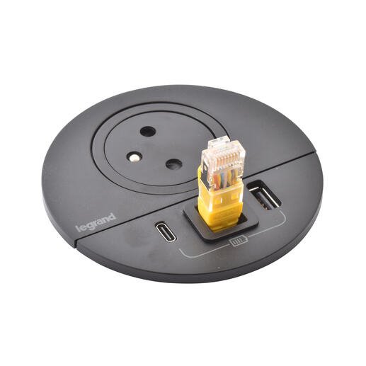 Legrand - Incara™ Disq 80 - Zapuštěná zásuvka 2P+T/USB A+C, kabel. vývod, černá, 2m