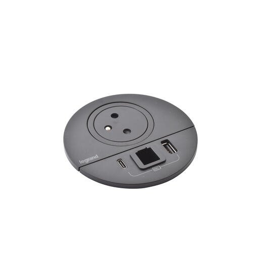 Legrand - Incara™ Disq 80 - Zapuštěná zásuvka 2P+T/USB A+C, kabel. vývod, černá, 2m