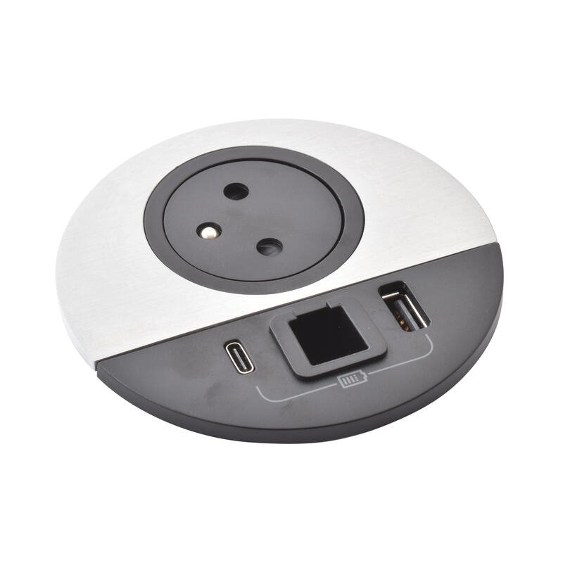 Legrand - Incara™ Disq 80 - Zapuštěná zásuvka 2P+T/USB A+C, kabel. vývod, černá/kov, 2m