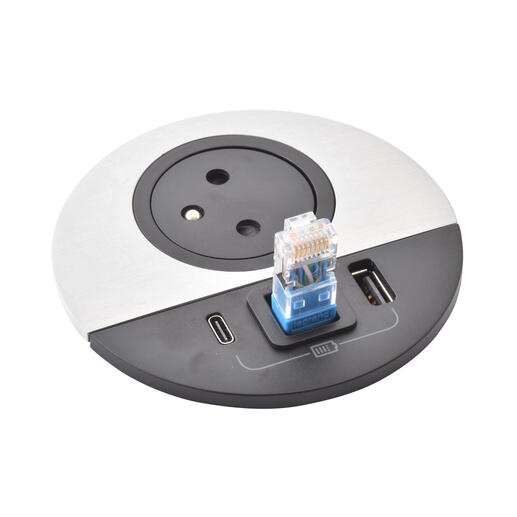 Legrand - Incara™ Disq 80 - Zapuštěná zásuvka 2P+T/USB A+C, kabel. vývod, černá/kov, 2m