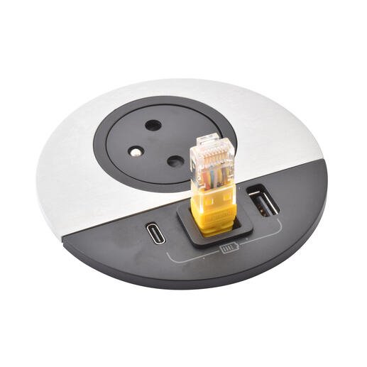 Legrand - Incara™ Disq 80 - Zapuštěná zásuvka 2P+T/USB A+C, kabel. vývod, černá/kov, 2m