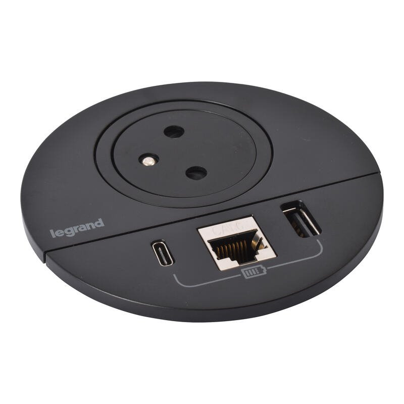 Legrand - Incara™ Disq 80 - Zapuštěná zásuvka 2P+T/USB A+C/RJ45, černá, 2m