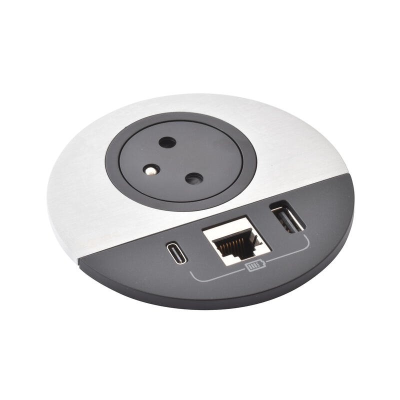 Legrand - Incara™ Disq 80 - Zapuštěná zásuvka 2P+T/USB A+C/RJ45, černá/kov, 2m