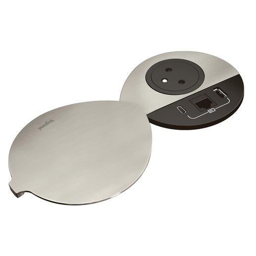 Legrand - Incara™ Disq 80 - Zapuštěná zásuvka 2P+T/USB A+C/RJ45, černá s kovovým krytem, 2m