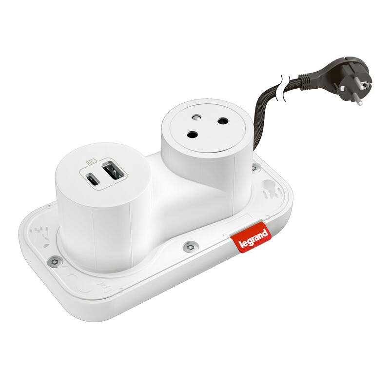 Legrand - Incara™ Electr'On - Přenosná zásuvka 2P+T/USB A+C, bílá bez rámečku, kabel 2m