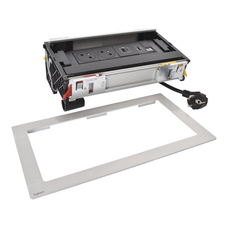 Legrand - Incara™ Flip-up - Zapuštěný zásuv. blok uzavíratelý 2x2P+T/USBA+C (15W) RJ45 Cat6 FTP HDMI, kabel 2m