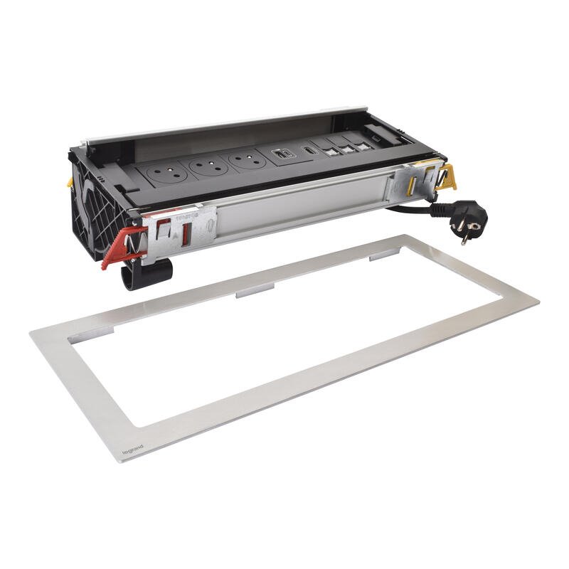 Legrand - Incara™ Flip-up - Zapuštěný zásuv. blok uzavíratelý 3x2P+T/USB A+C (15W) RJ45 Cat6 FTP HDMI, kabel 2m