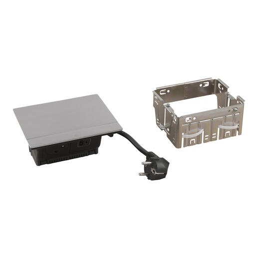 Legrand - Incara™ Pop-up - Osazená krabice do nábytku 2P+T/USB A+C (15W), broušený hliník; kabel 2m
