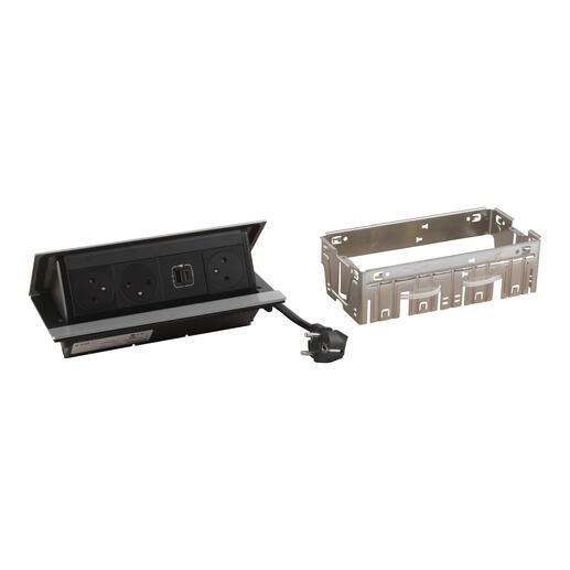 Legrand - Incara™ Pop-up - Osazená krabice do nábytku 3x2P+T/USB A+C (15W), broušený hliník, kabel 2m