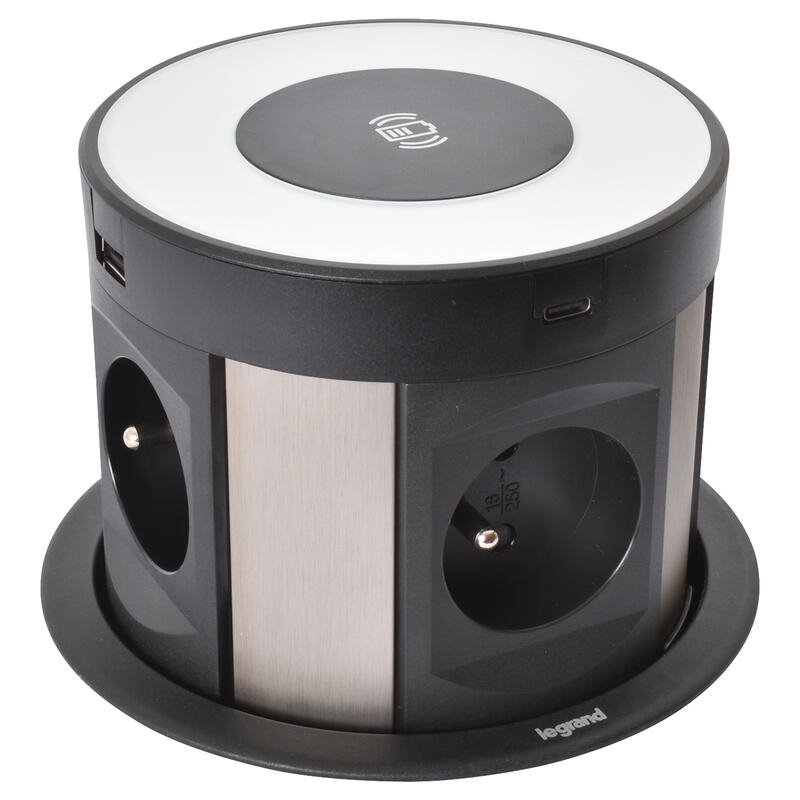 Legrand - Incara™ Tower 120 - Výsuvný zásuvkový blok 4x2P+T/USB A+C (bezdrát. nabíječka), kabel 2m