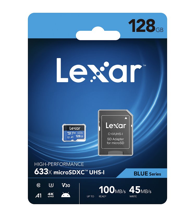 Lexar paměťová karta 128GB High-Performance 633x microSDXC™ UHS-I (čtení/zápis:100/45MB/s) C10 A1 V30 U + adaptér