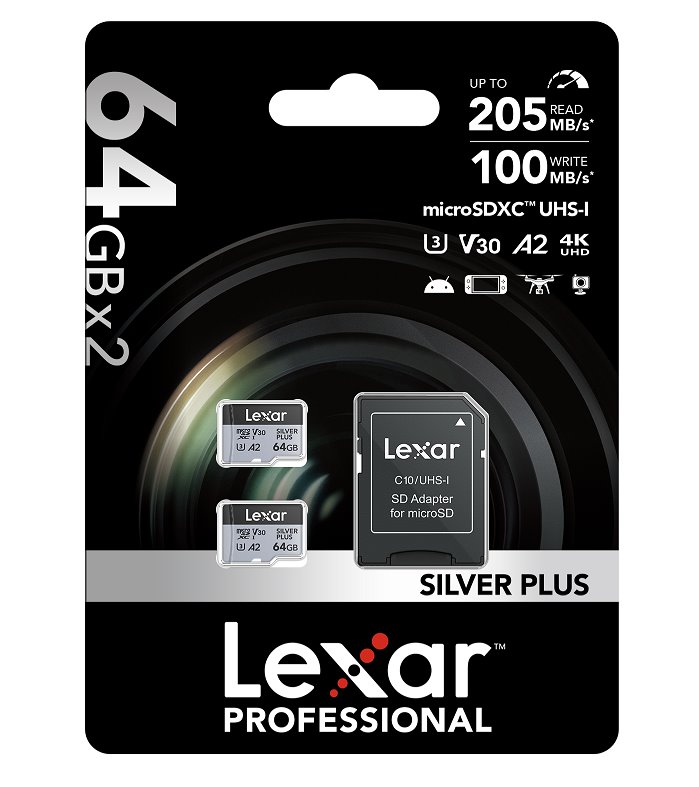 Lexar paměťová karta 2x 64GB High-Performance Silver Plus microSDXC™ UHS-I (čtení/zápis: 205/100MB/s)