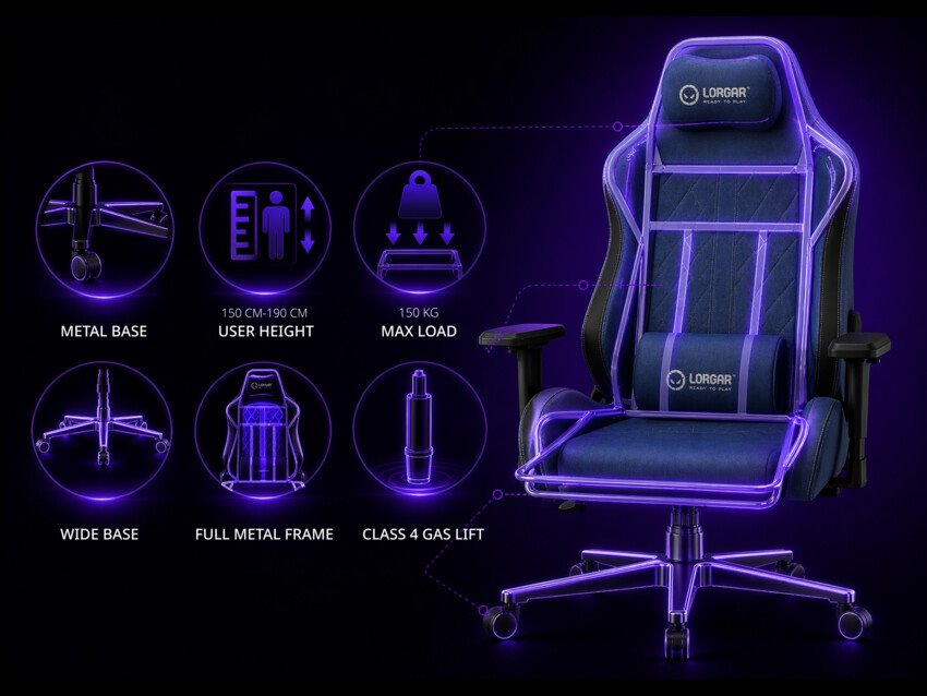 LORGAR CHA41, Ergonomic Gaming Chair Advanced, premium anti-stain fabric, Black/pur