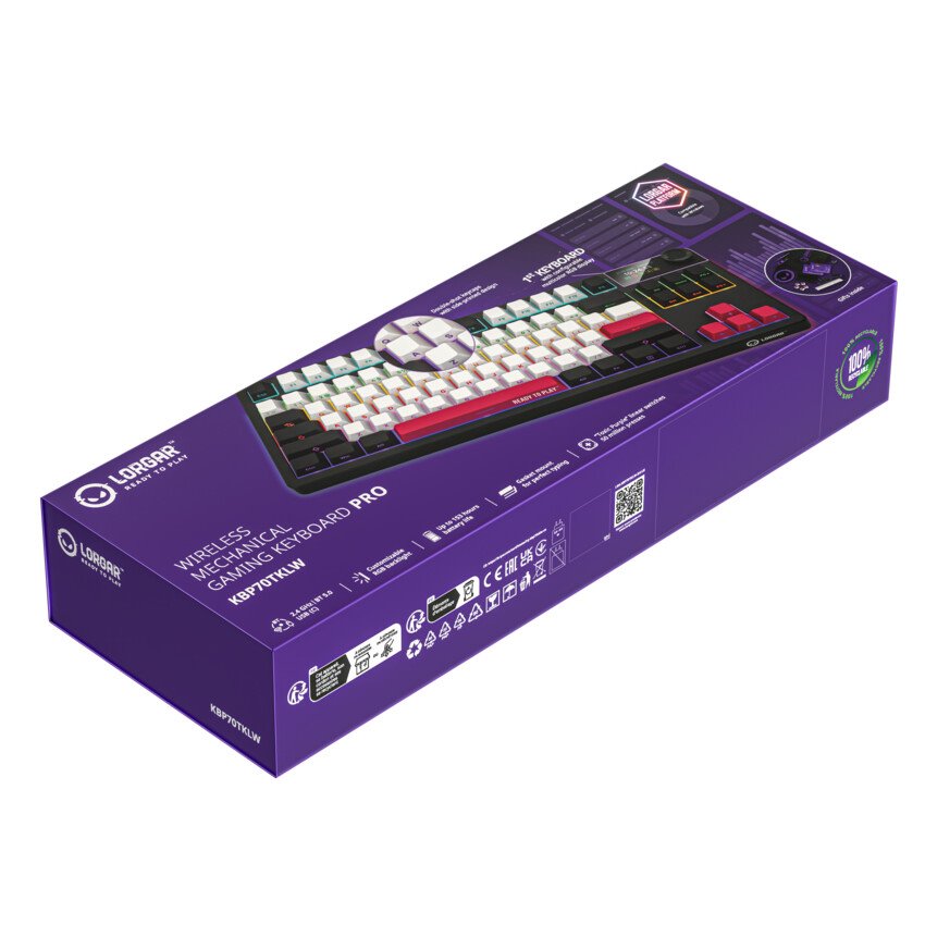 LORGAR Klávesnice KBP70TKLW, TKL mechanická, 75%, bezdrátová herní, černá/červená, CS