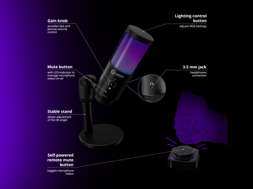 LORGAR mikrofon SMP40, RGB a externím mute tlačítkem, Černý