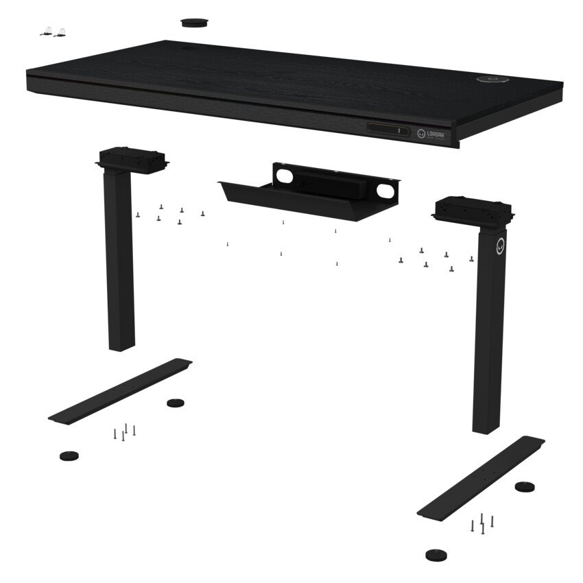 LORGAR stůl s nastavitelnou výškou, bezdrátovou nabíječkou, RGB osvětlením a USB porty, dřevěná deska, černý