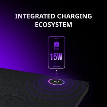 LORGAR stůl s nastavitelnou výškou, bezdrátovou nabíječkou, RGB osvětlením a USB porty, dřevěná deska, černý