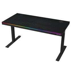 LORGAR stůl s nastavitelnou výškou, bezdrátovou nabíječkou, RGB osvětlením a USB porty, dřevěná deska, černý
